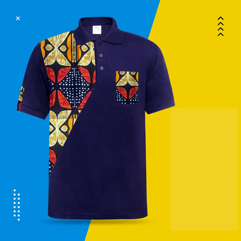 African print dark blue pocket custom made shirt S27