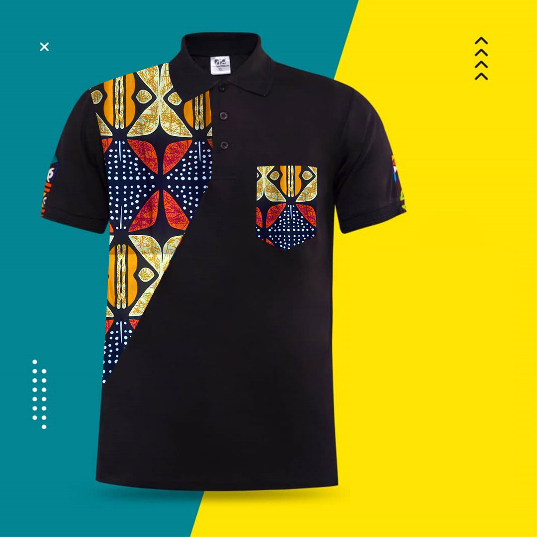 African print black collared custom made shirt P31